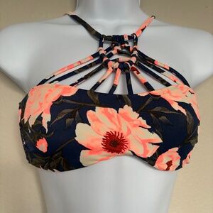 Tori Praver Swimwear Bikini Top SeaFoam Navy Blue Floral Keyhole Women's Size XS
